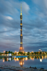 Obraz premium Ostankino television tower on the background of the night city. Moscow
