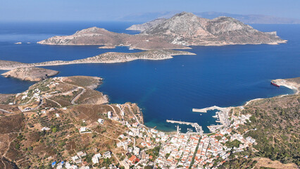 Aerial drone photo of main village and port of amazing fjord shaped island of Fournoi Ikarias...