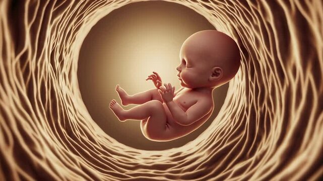 Detailed medical visualization capturing developing fetus inside womb, presenting gradual growth stages with precise anatomical movements in slow motion rendering