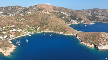 Naklejka premium Aerial drone photo amazing landscape and paradise beaches in fjord shaped island of Fournoi Ikarias ensuring and relaxing vacations untouched by tourism, North Aegean sea, Greece