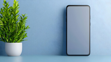 Smartphone mockup, blue background, plant, app design
