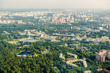 The All-Russian Exhibition Center and the Botanical Garden from a height. Moscow