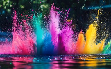 Abstract liquid splash with holi powder bursts