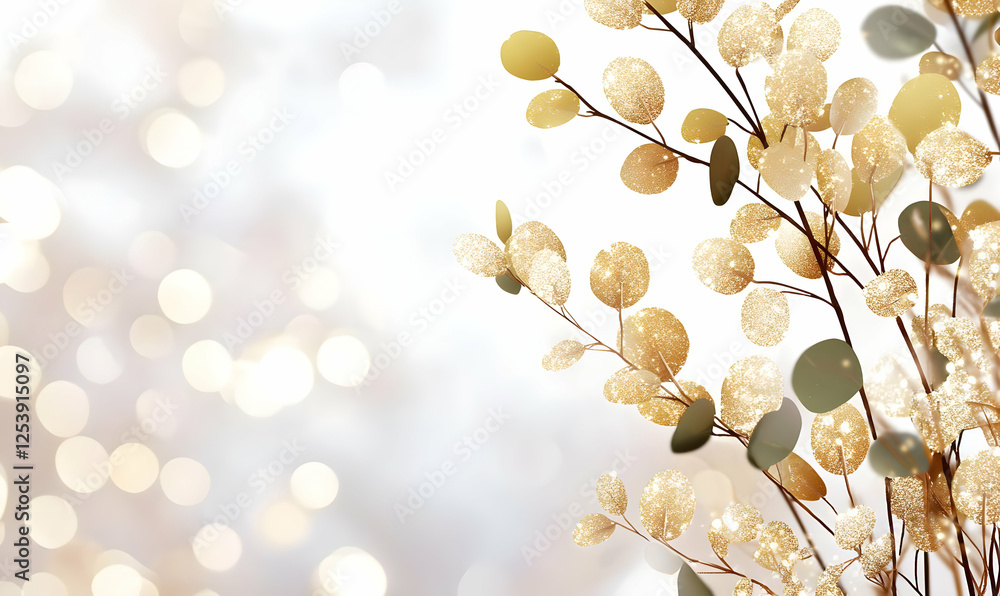 Poster Sparkling Gold Leaves with Soft Background and Bokeh Effect