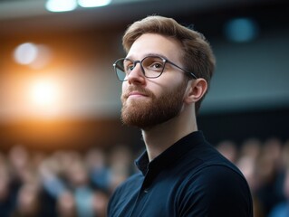 Fototapeta premium Man with Glasses Looking Up in Auditorium