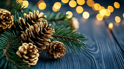 Golden Pine Cones on Evergreen Branches with Warm Christmas Lights