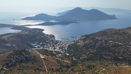 Aerial drone photo of main village and port of amazing fjord shaped island of Fournoi Ikarias...