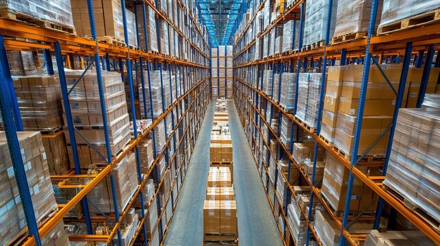 High Bay Warehouse Storage Full of Cardboard Boxes Efficient Logistics Inventory Management System Modern Distribution Center Industrial Building - Powered by Adobe