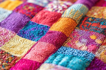 A vibrant quilt resting on a cozy bed, perfect for a bedroom or interior design project