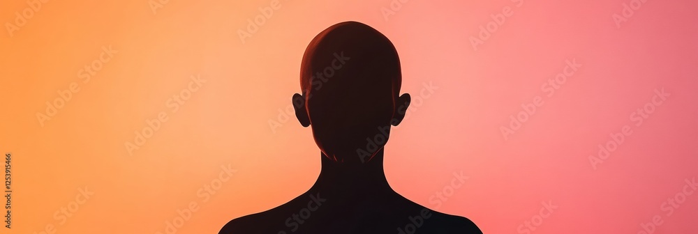 Poster silhouette of a person with bald patches against a vibrant orange and pink background during sunset.