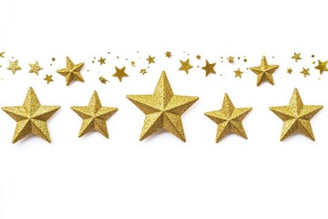 A row of shiny gold stars on a clean white background, ideal for use in presentations, reports and other business materials
