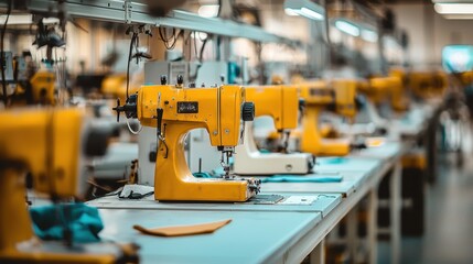 Fototapeta premium Sewing machine operations armir garment factory industrial chaos interior overhead view