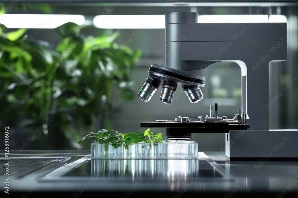 Poster a microscope and plants in a laboratory setting
