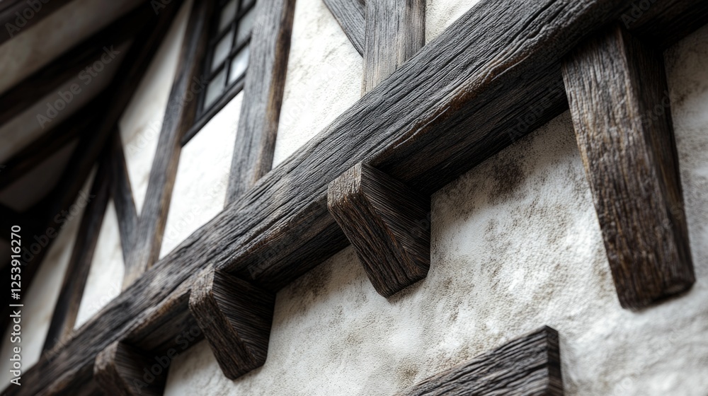 Poster close-up view of a building's wooden beams and structure