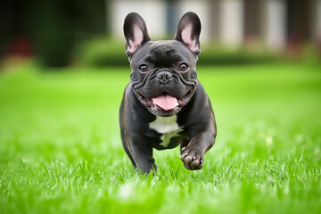 Fototapeta premium French Bulldog puppy dog playing happily on the grass, running and enjoying the outdoors