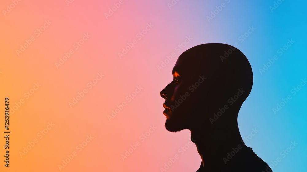 Poster Silhouette of a person with visible bald patches against a colorful gradient background during sunset. Generative AI