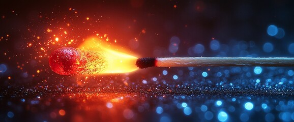 Burning matchstick, fiery ignition, dark bokeh background, energy concept