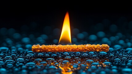 Burning sugar stick on water droplets, dark background, energy concept, stock photo