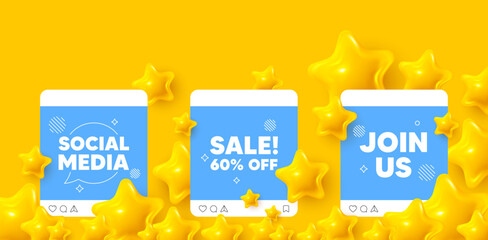 Obraz premium Sale social media post. Join us template mockup. Sale 60 percent off discount. Promotion price offer sign. Retail badge symbol. Like, comment and share icons. Vector