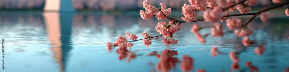 Poster Pink flowers on a tree branch overhanging a body of water