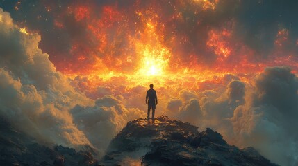 Fototapeta premium A figure stands on a rocky peak, gazing at a fiery sky filled with clouds and vibrant colors.