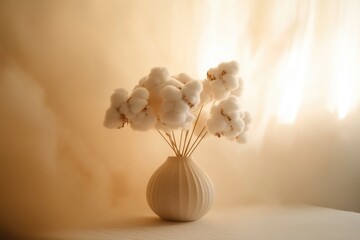 A beautiful arrangement of cotton flowers inside a white vase
