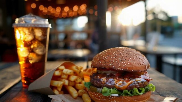 colorful, tasty meat burger with fire in background, fast food concept