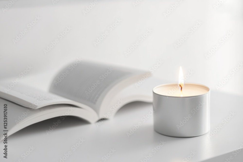 Poster a person is reading from an open book by the light of a lit candle on a table