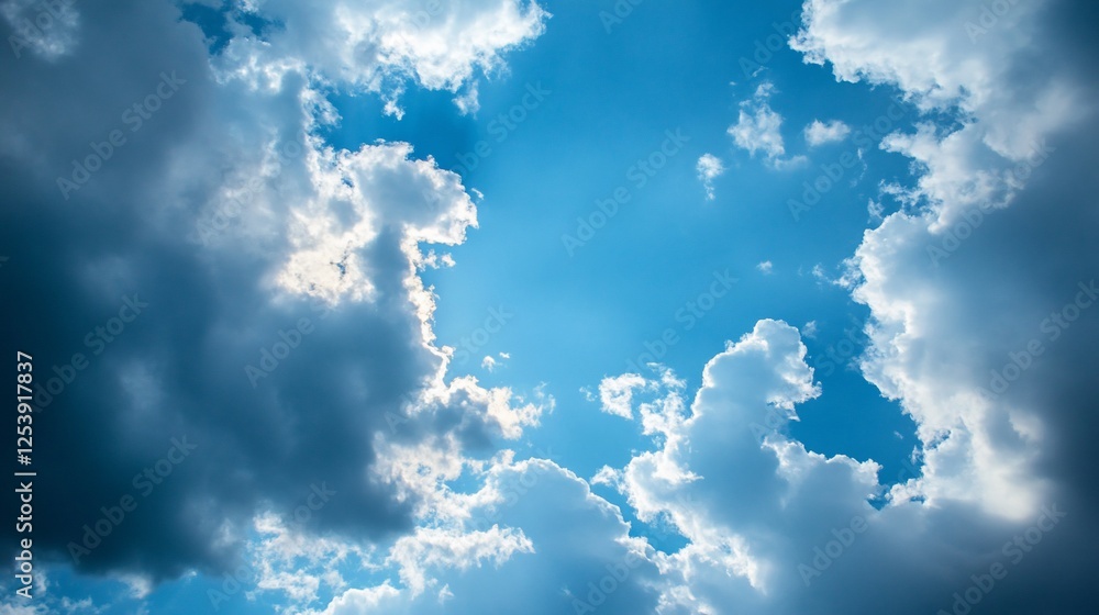 Poster a dynamic view of fluffy clouds against a bright blue sky, creating an explosive zoom effect