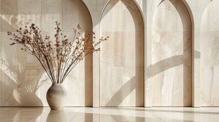 an elegant vase with autumnal branches stands 