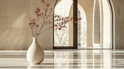 an elegant vase with autumnal branches stands 