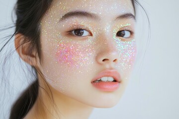 A woman wearing makeup with glitter on her face
