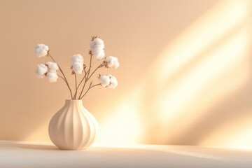A simple yet elegant arrangement of cotton flowers in a white vase