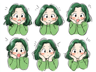 Expressive woman with green hair showing different emotions in a cartoon style.