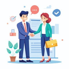People shaking hands at work - Two businesspeople, man and woman doing handshake in office at work while smiling over business agreement and deal. Flat design stock illustration on white background