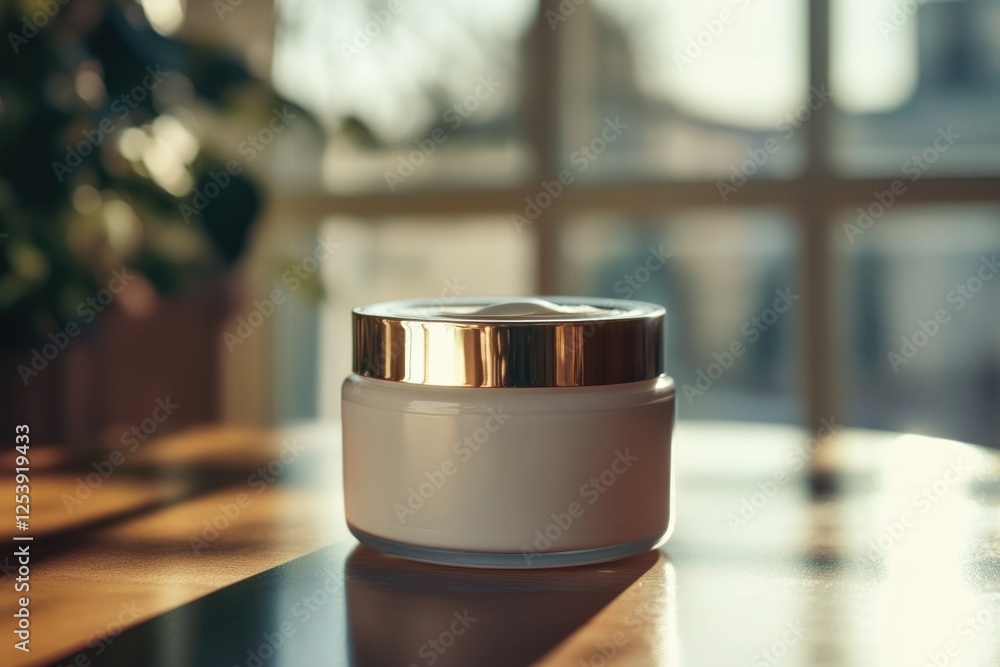 Poster A jar of cream sits on a table with a simple background