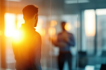 man looking through glass in office
