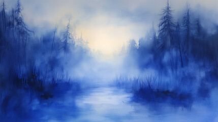 Fototapeta premium Dreamy watercolor background with deep blue mist, creating a hyper-realistic artistic depth