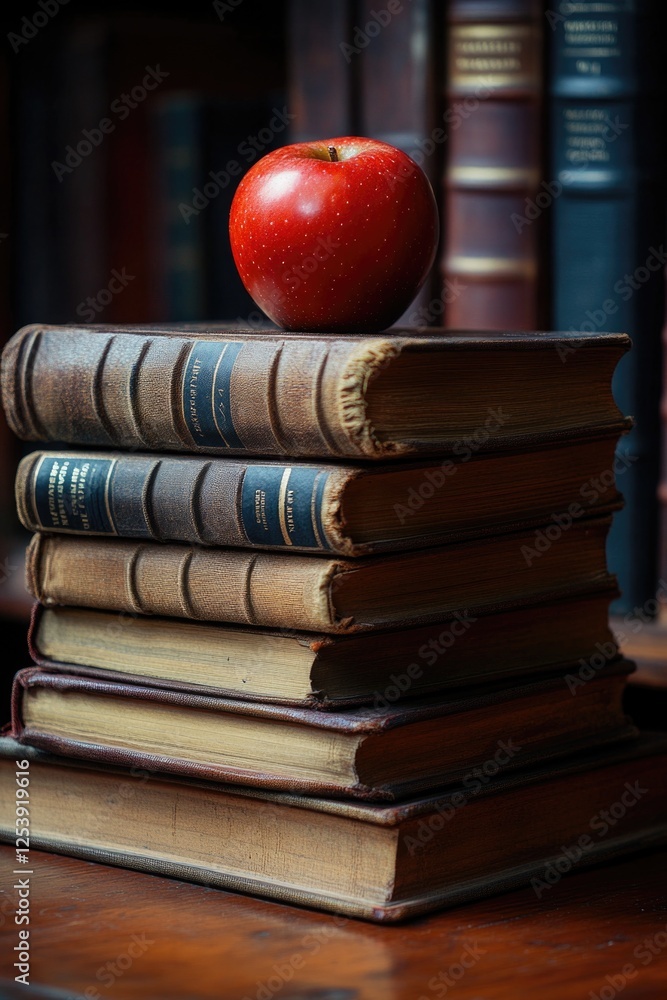 Poster a red apple sits atop a stack of books, perfect for use in educational or literary-themed projects