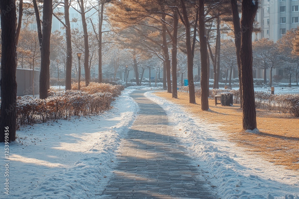 Poster a snowy path in a park with trees and plants covered in white snow