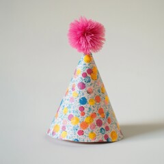 A colorful party hat with a bright pink pom pom on top, perfect for celebrations and events