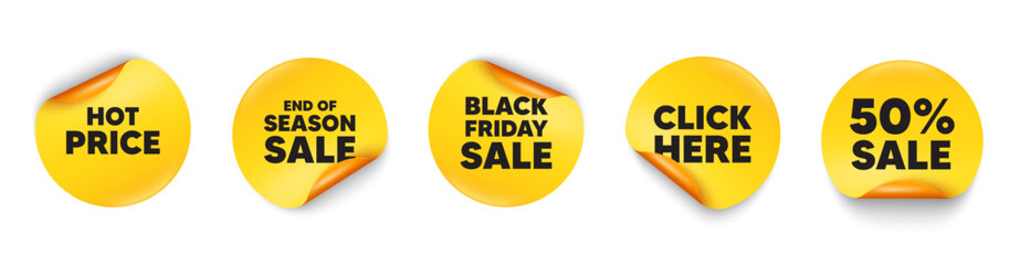Hot price sticker tag. 50 percent discount, Black friday paper price banners. Hot Price tag. Special offer Sale sign. Advertising Discounts symbol. Click here sticker. Vector