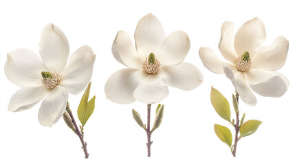 Naklejka premium Set of white magnolia flowers in bloom isolated on white background.