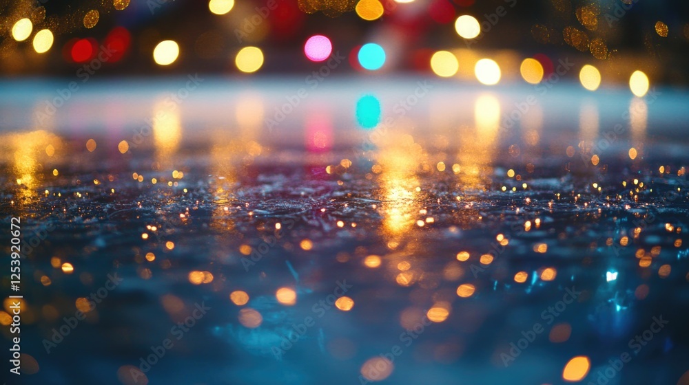 Poster close-up of a wet surface with lights shining from behind