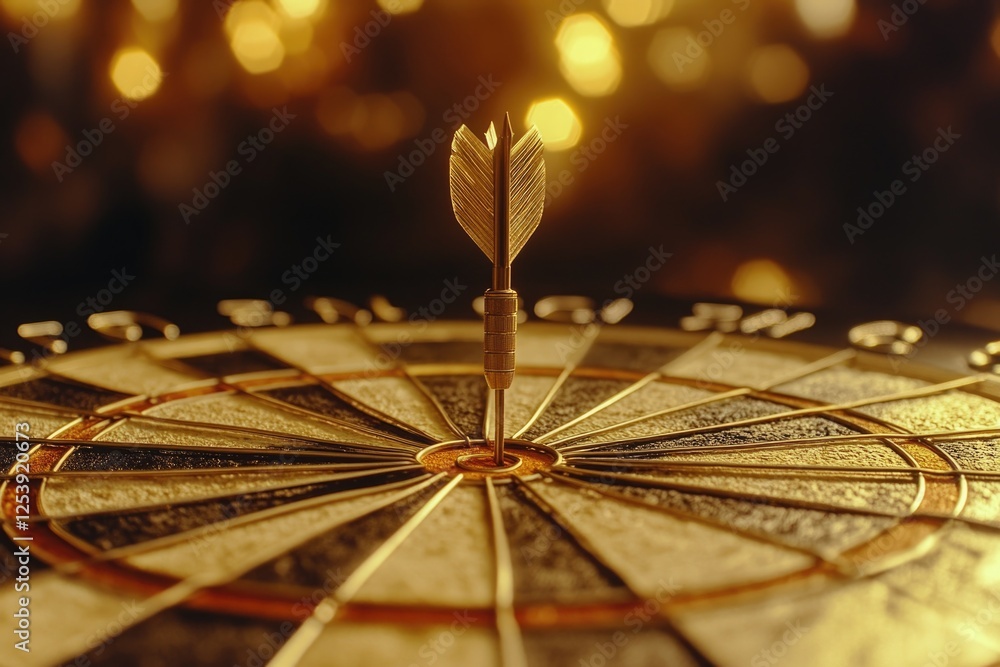 Poster A detailed view of a dart lodged in the center of a target, suitable for use in designs related to accuracy and precision