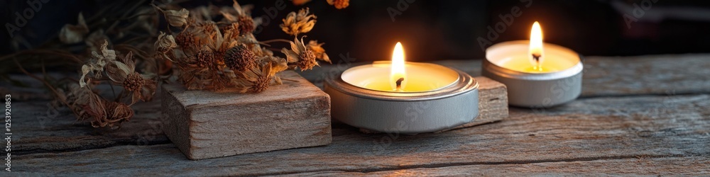 Poster a pair of candles placed on a rustic wooden table, perfect for setting the mood or adding ambiance t