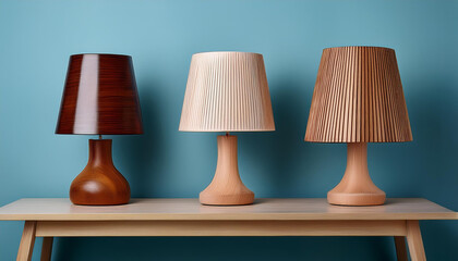 picture displaying 3 distinct varieties of wood table lamps on a light blue background