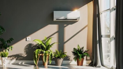 Sunlight illuminates potted plants near large window as air conditioner works, creating comfortable indoor environment in this slow motion video