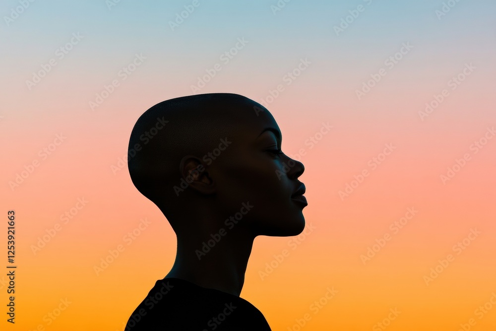 Poster silhouette of a person with a smooth bald head against a colorful sunset sky creating a serene and c