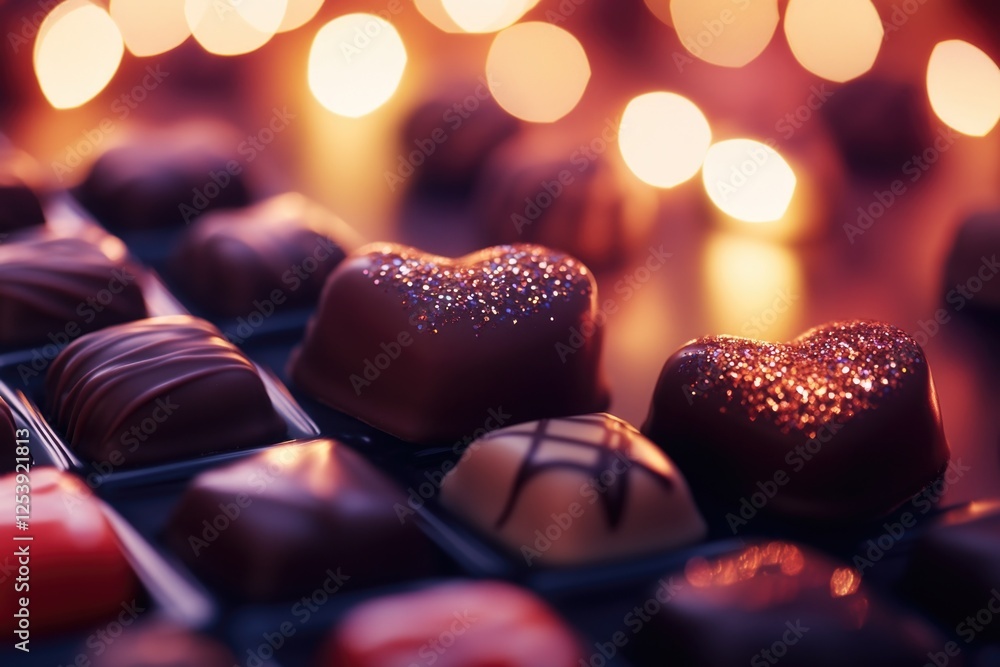 Poster a close-up view of a tray filled with assorted chocolates, perfect for showcasing in a bakery or caf